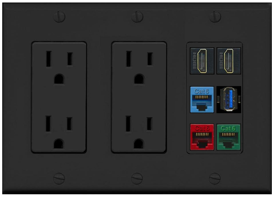 RiteAV 2 HDMI 3 Cat6 Ethernet USB3 Mixed Color Wall Plate - 3G Dual Outlet [Black/Black]