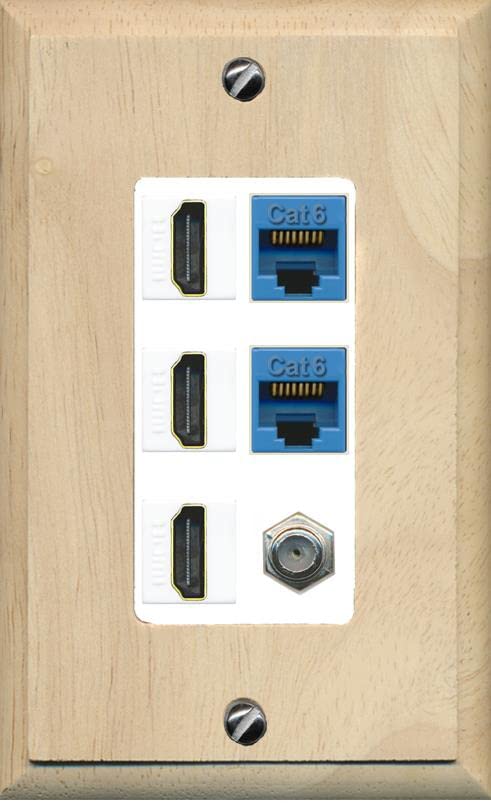 RiteAV 3 HDMI Wall Plate 2 Cat6 1 Coax - 1 Gang [Wood/White]