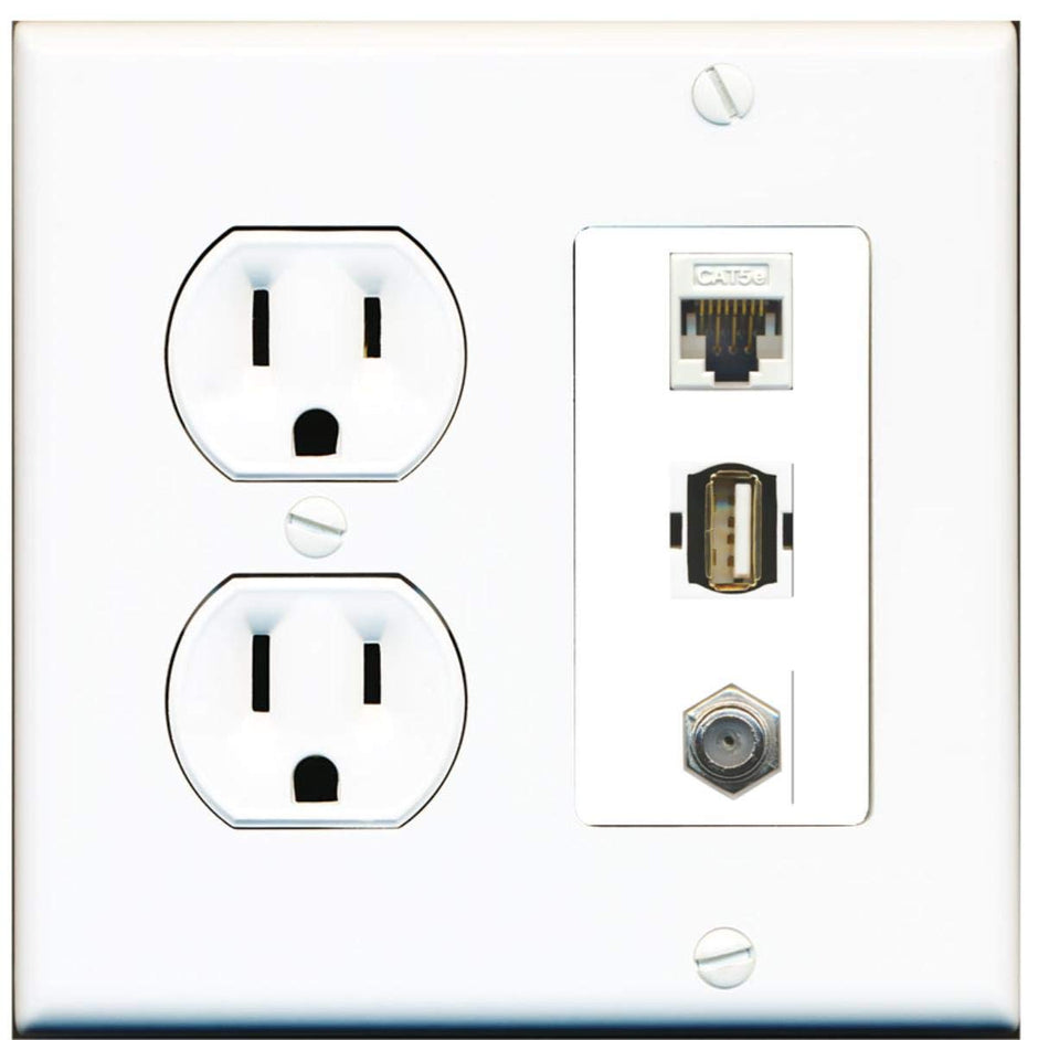 15 Amp Round Power Outlet 1 Port Cat5e Ethernet USB A-A Coax Cable TV Wall Plate White