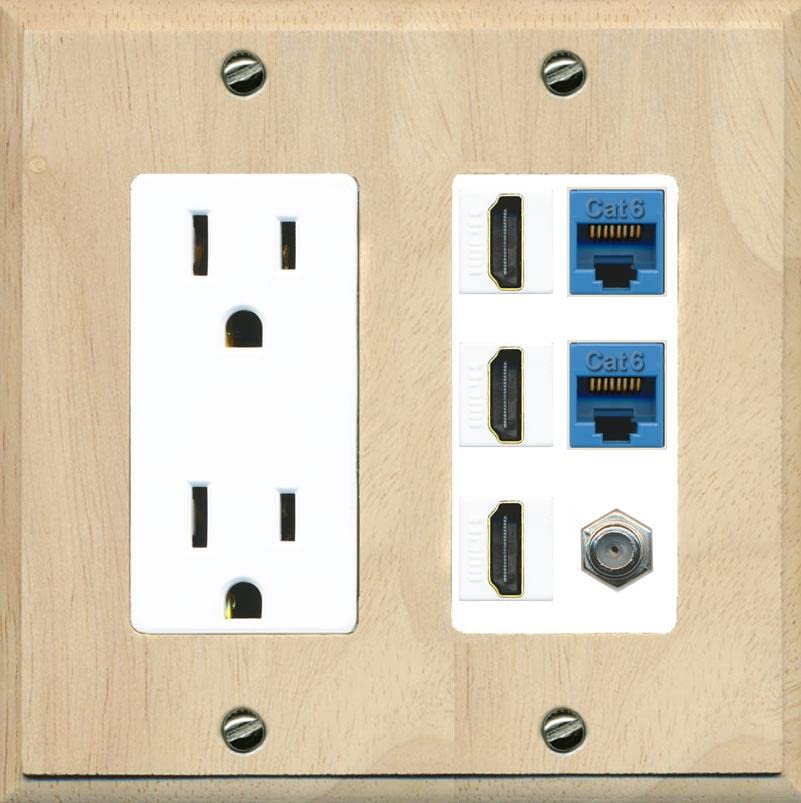 RiteAV 3 HDMI Wall Plate 2 Cat6 1 Coax - Outlet [Wood/White]