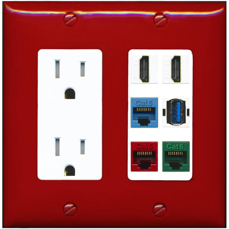 RiteAV 2 HDMI 3 Cat6 Ethernet USB3 Mixed Color Wall Plate - Tamper-Resistant [Red/White]