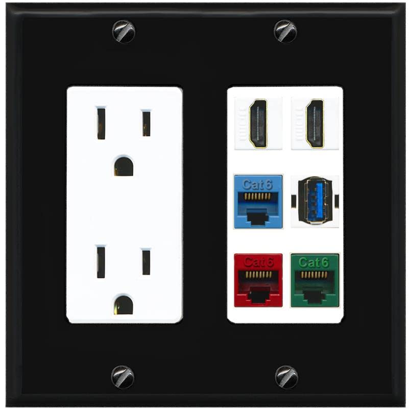 RiteAV 2 HDMI 3 Cat6 Ethernet USB3 Mixed Color Wall Plate - Outlet [Black/White]