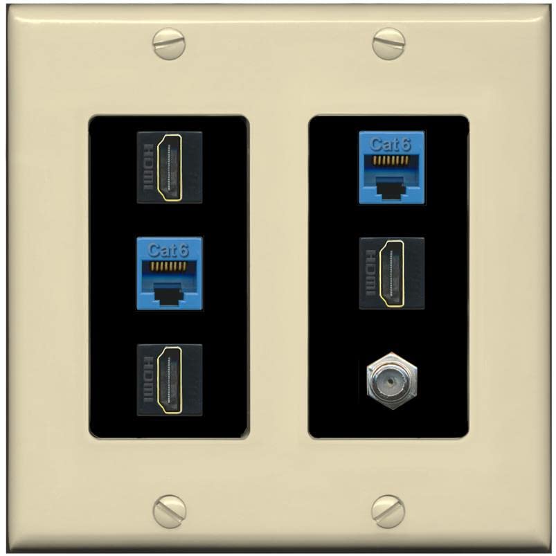 RiteAV 3 HDMI Wall Plate 2 Cat6 1 Coax - 2 Gang [Ivory/Black]