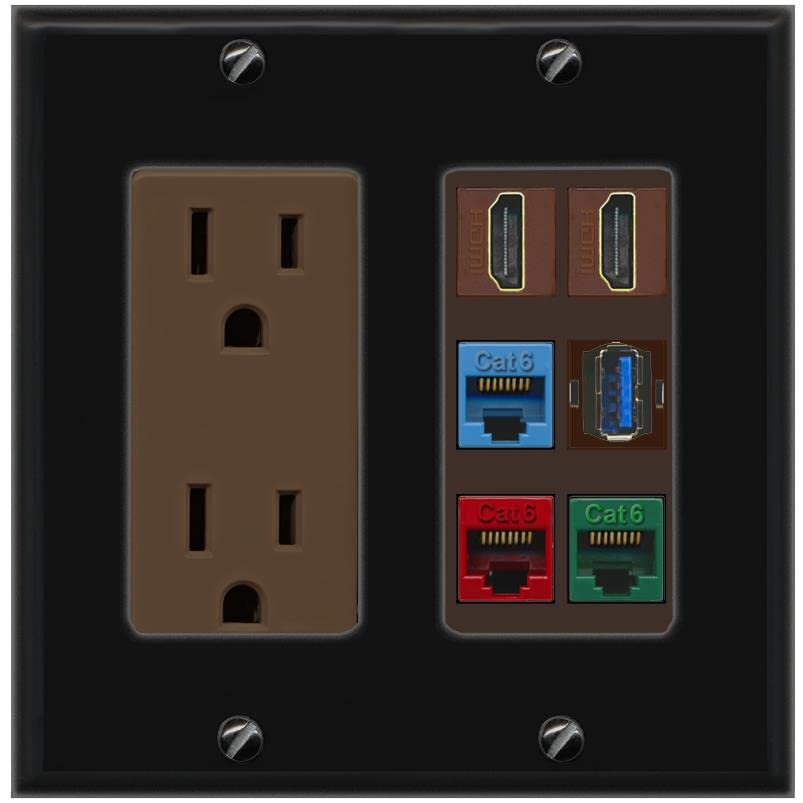 RiteAV 2 HDMI 3 Cat6 Ethernet USB3 Mixed Color Wall Plate - Outlet [Black/Brown]