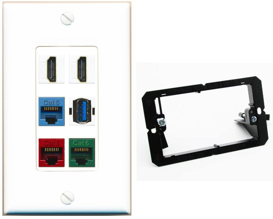 RiteAV 2 HDMI 3 Cat6 Ethernet USB3 Mixed Color Wall Plate - 1 Gang w-Bracket [White/White]
