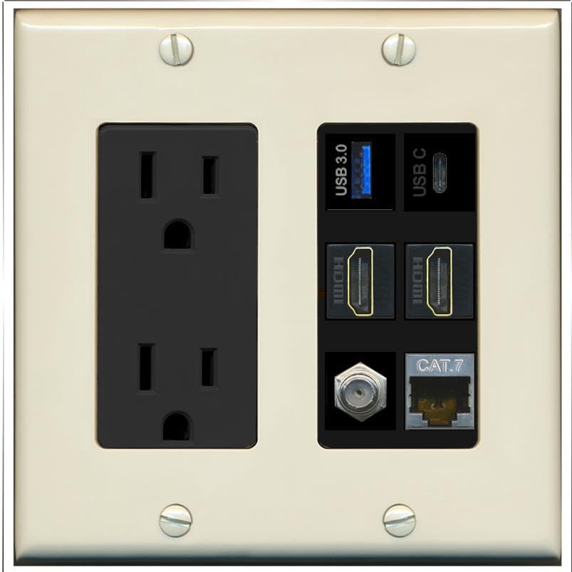 RiteAV USB 3 USB C 2 HDMI Coax Cat7 Wall Plate - Outlet [Light-Almond/Black]