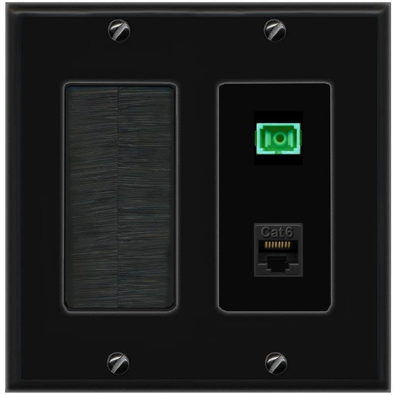 RiteAV 1 Port Fiber Optic Jack SC Simplex APC + Cat6 Wall Plate-Brush Black/Black