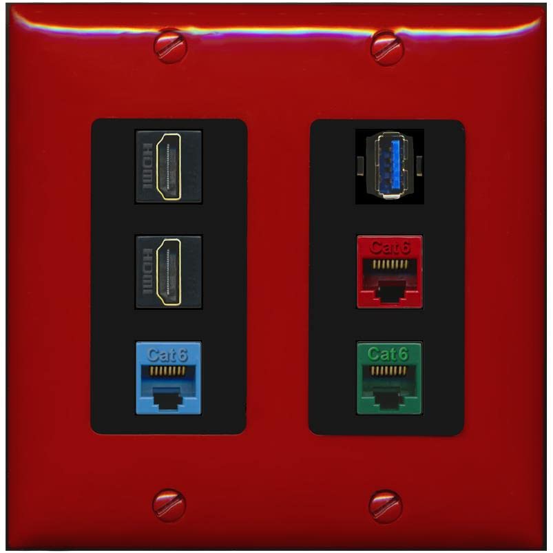 RiteAV 2 HDMI 3 Cat6 Ethernet USB3 Mixed Color Wall Plate - 2 Gang [Red/Black]