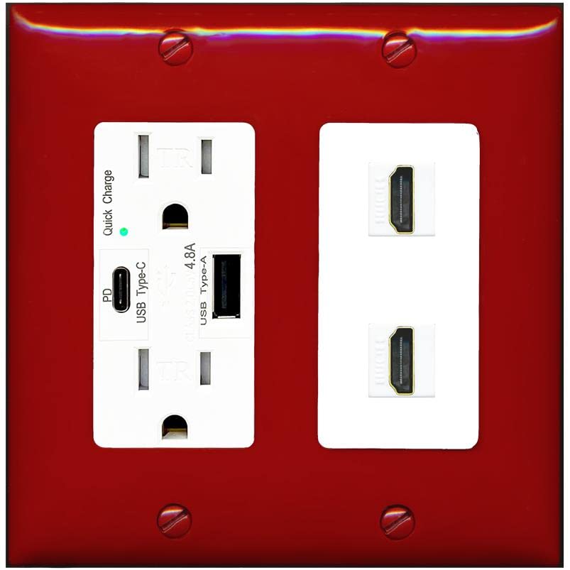 RiteAV HDMI Wall Plate 2 Port - USB A+C Charger [Red/White]