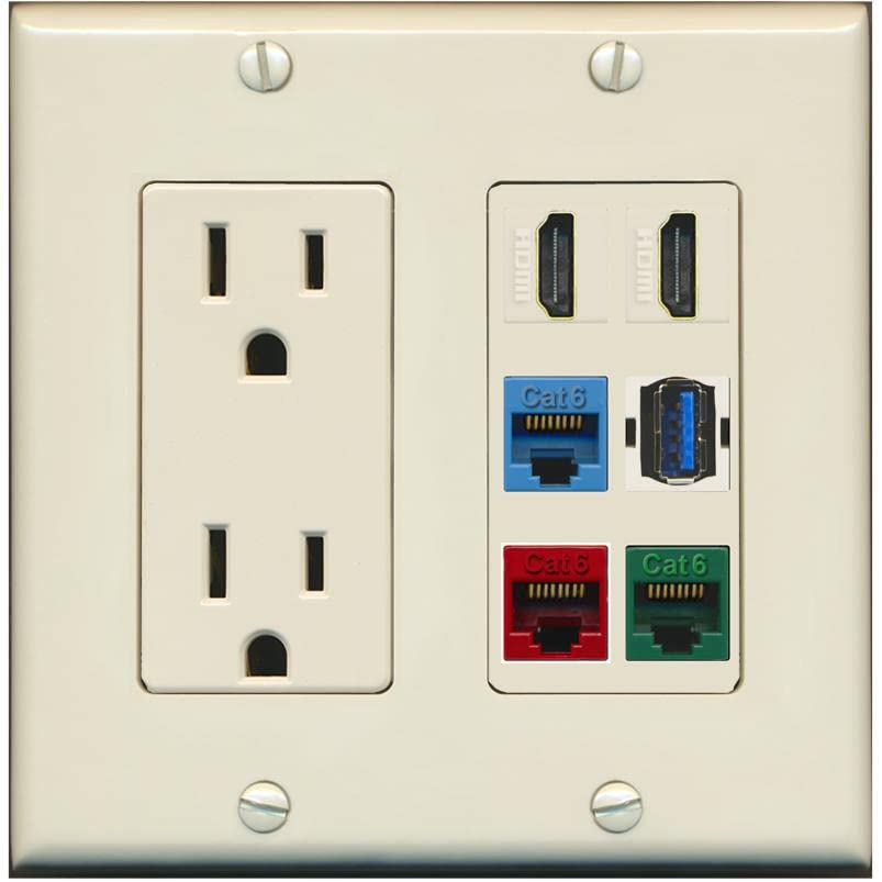 RiteAV 2 HDMI 3 Cat6 Ethernet USB3 Mixed Color Wall Plate - Outlet [Light-Almond]