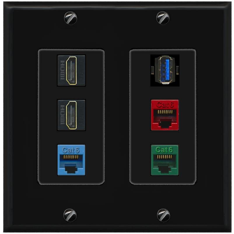 RiteAV 2 HDMI 3 Cat6 Ethernet USB3 Mixed Color Wall Plate - 2 Gang [Black/Black]