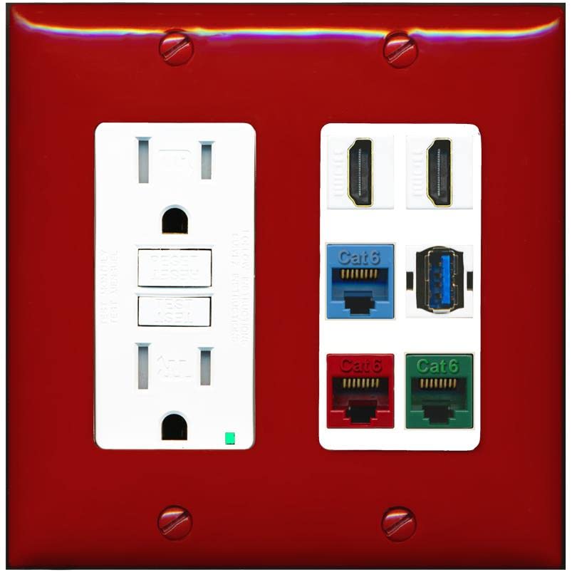 RiteAV 2 HDMI 3 Cat6 Ethernet USB3 Mixed Color Wall Plate - GFCI [Red/White]