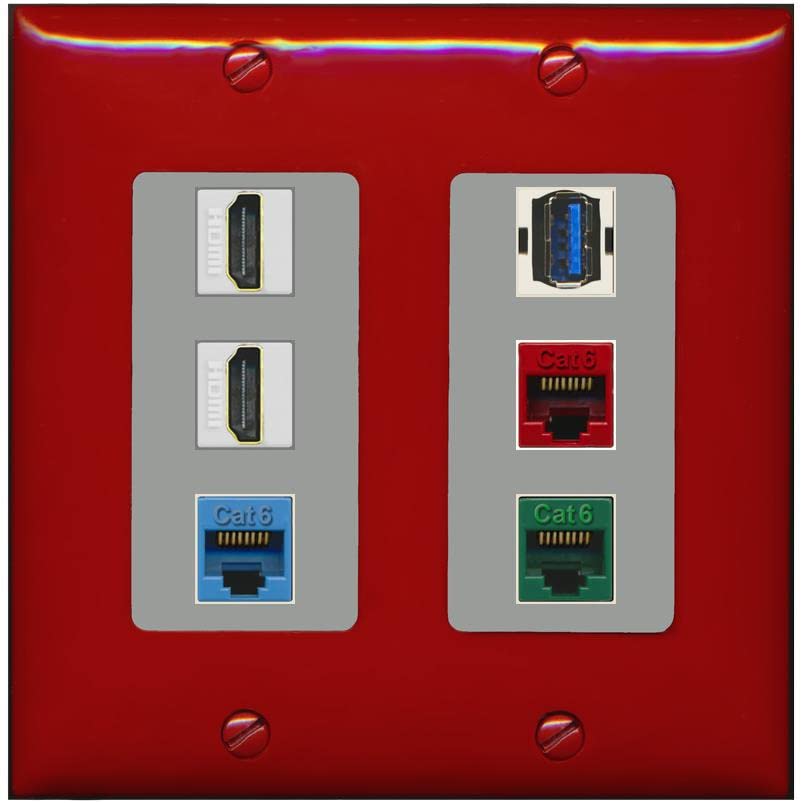 RiteAV 2 HDMI 3 Cat6 Ethernet USB3 Mixed Color Wall Plate - 2 Gang [Red/Gray]