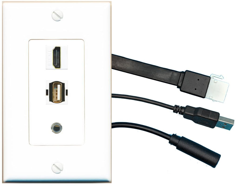 RiteAV HDMI 3.5mm USB2 Wall Plate with Pigtail Dongle Extension White