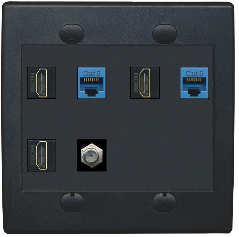 RiteAV 3 HDMI Wall Plate 2 Cat6 1 Coax - Flat 2 Gang [Black/Black]