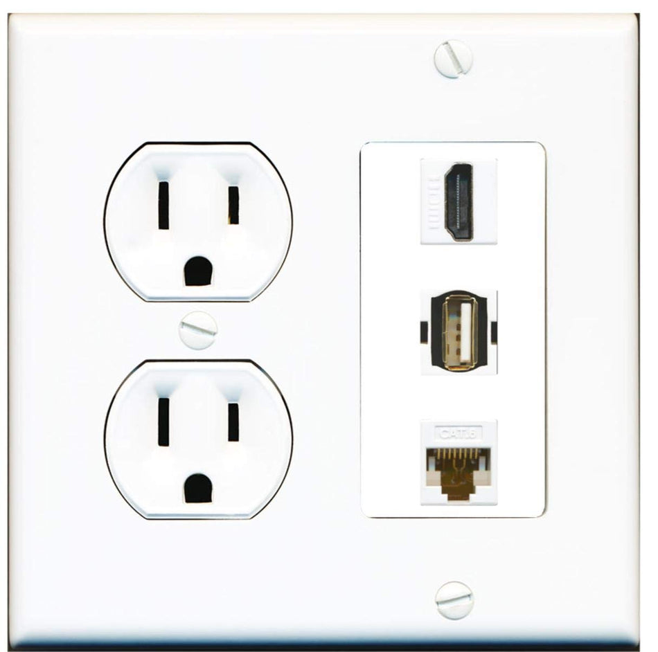 15 Amp Round Power Outlet 1 Port HDMI 1 USB A-A 1 Cat6 Ethernet Wall Plate