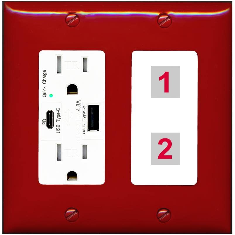 RiteAV Custom Wall Plate 2 Port - USB A+C Charger [Red/White]