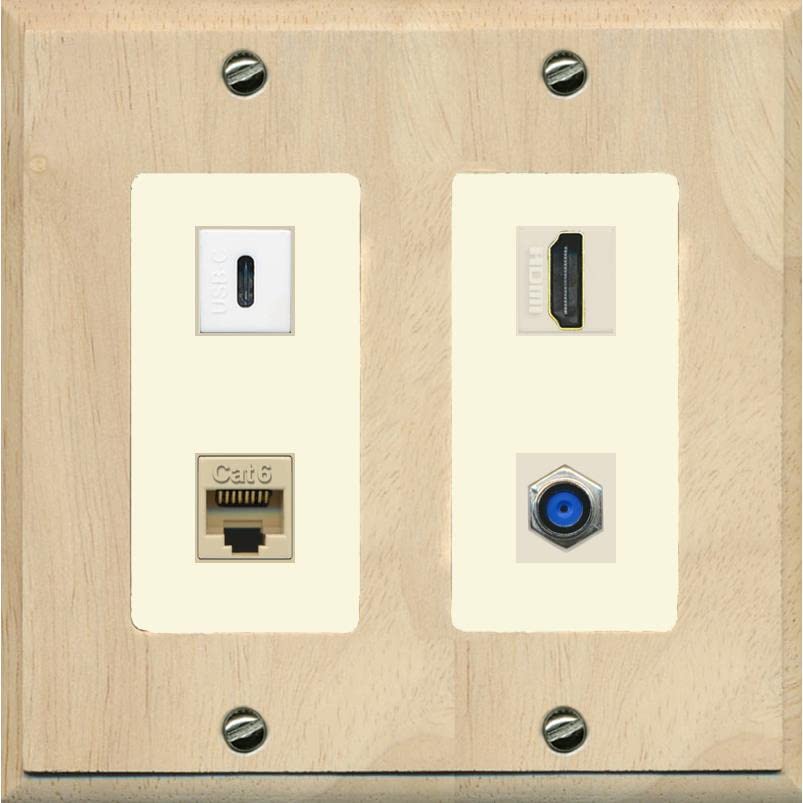 RiteAV USBC HDMI Cat6 Coax F81 Wall Plate - 2 Gang [Wood/Light-Almond]