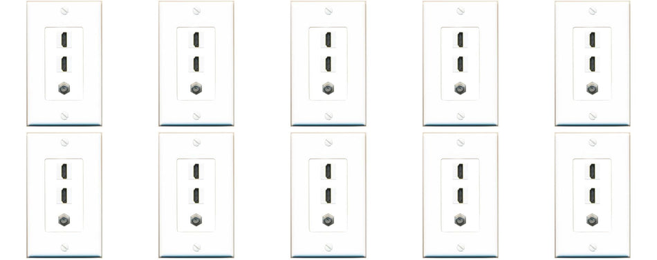 RiteAV - 2 HDMI and 1 Coax Cable TV F Type Port Wall Plate White Decorative (10 Pack)