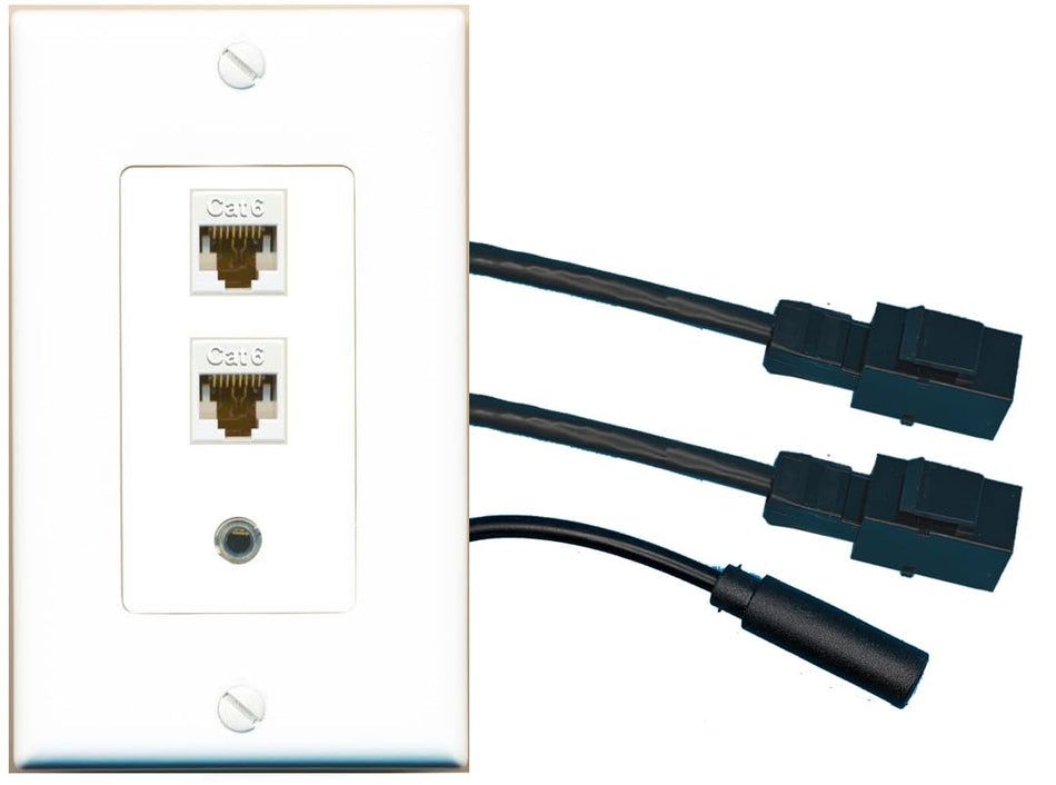 RiteAV 2 CAT6 3.5mm Wall Plate with Pigtail Dongle Extension White