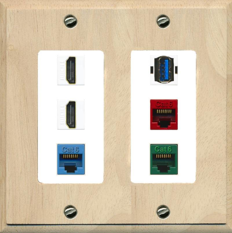 RiteAV 2 HDMI 3 Cat6 Ethernet USB3 Mixed Color Wall Plate - 2 Gang [Wood/White]