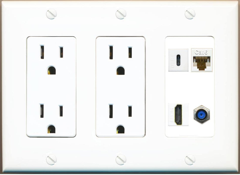 RiteAV USBC HDMI Cat6 Coax F81 Wall Plate - 3G Dual Outlet [White/White]