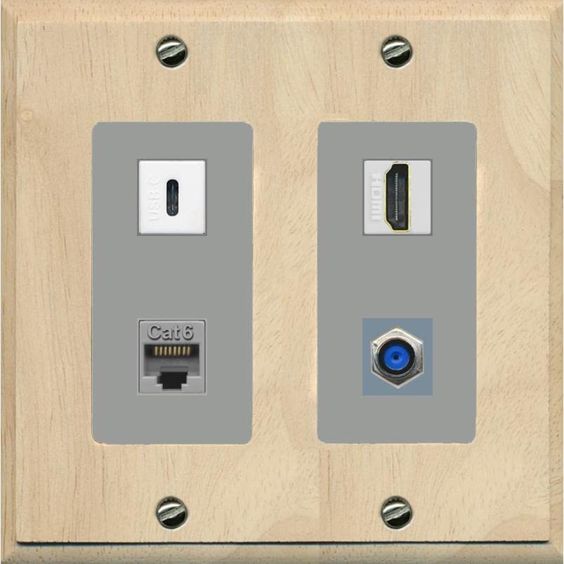 RiteAV USBC HDMI Cat6 Coax F81 Wall Plate - 2 Gang [Wood/Gray]