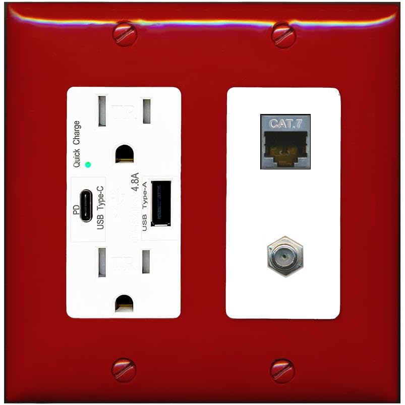 RiteAV Coax and Cat7 Wall Plate - USB A+C Charger [Red/White]