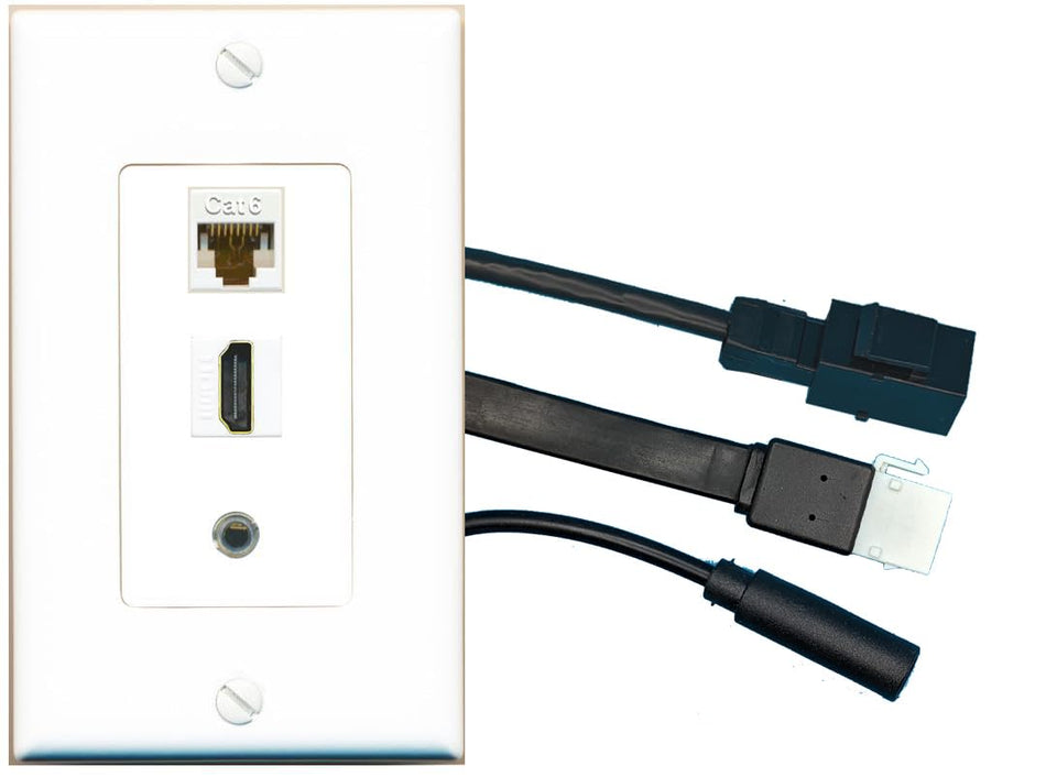 RiteAV CAT6 HDMI 3.5mm Wall Plate with Pigtail Dongle Extension White