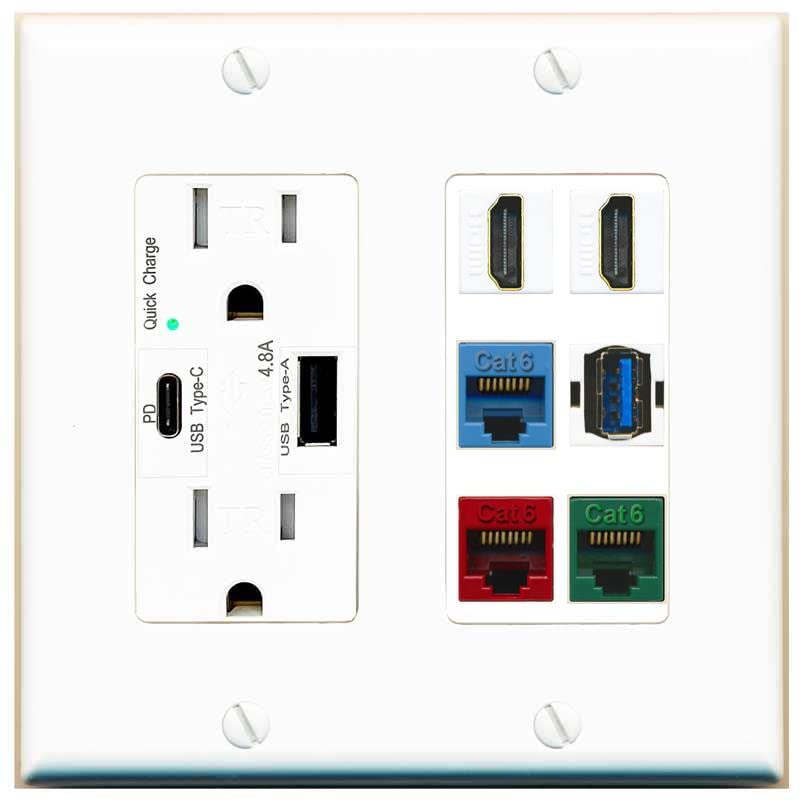 RiteAV 2 HDMI 3 Cat6 Ethernet USB3 Mixed Color Wall Plate - USB A+C Charger [White/White]