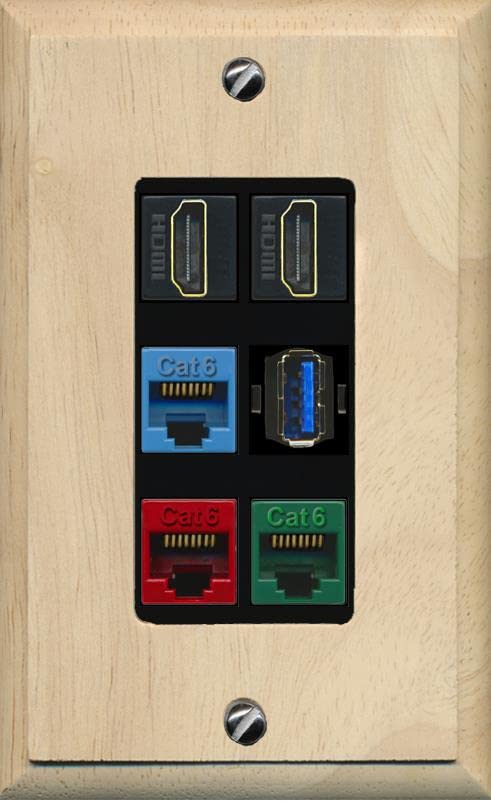 RiteAV 2 HDMI 3 Cat6 Ethernet USB3 Mixed Color Wall Plate - 1 Gang [Wood/Black]