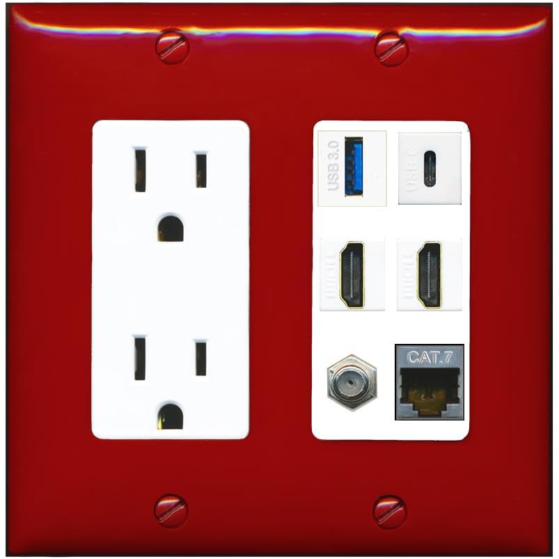 RiteAV USB 3 USB C 2 HDMI Coax Cat7 Wall Plate - Outlet [Red/White]