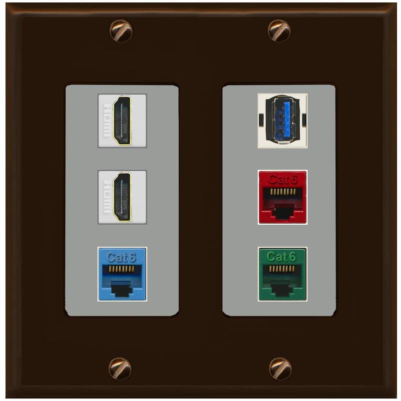 RiteAV 2 HDMI 3 Cat6 Ethernet USB3 Mixed Color Wall Plate - 2 Gang [Brown/Gray]