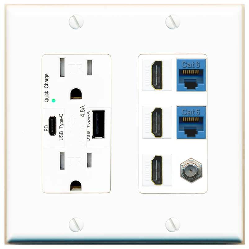 RiteAV 3 HDMI Wall Plate 2 Cat6 1 Coax - USB A+C Charger [White/White]