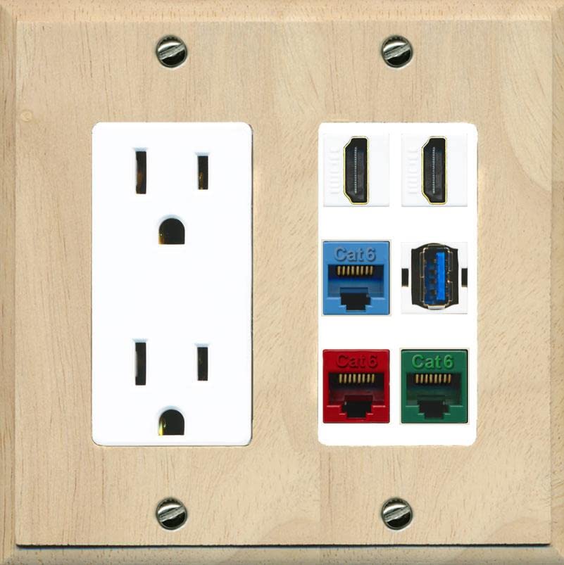 RiteAV 2 HDMI 3 Cat6 Ethernet USB3 Mixed Color Wall Plate - Outlet [Wood/White]