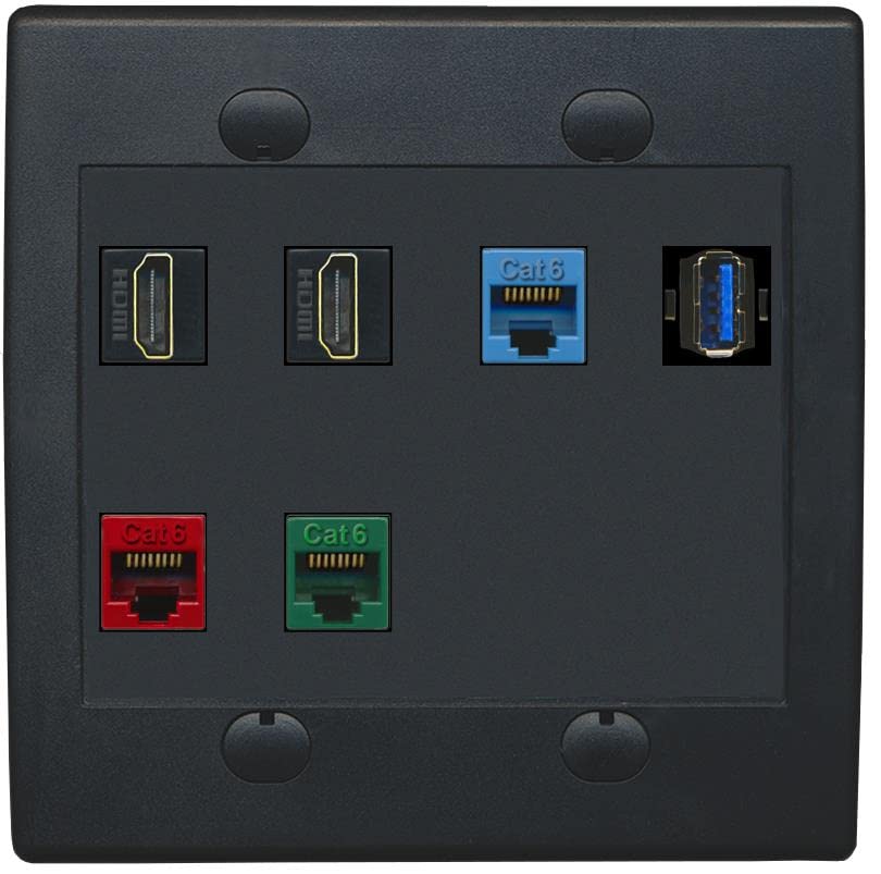 RiteAV 2 HDMI 3 Cat6 Ethernet USB3 Mixed Color Wall Plate - Flat 2 Gang [Black/Black]
