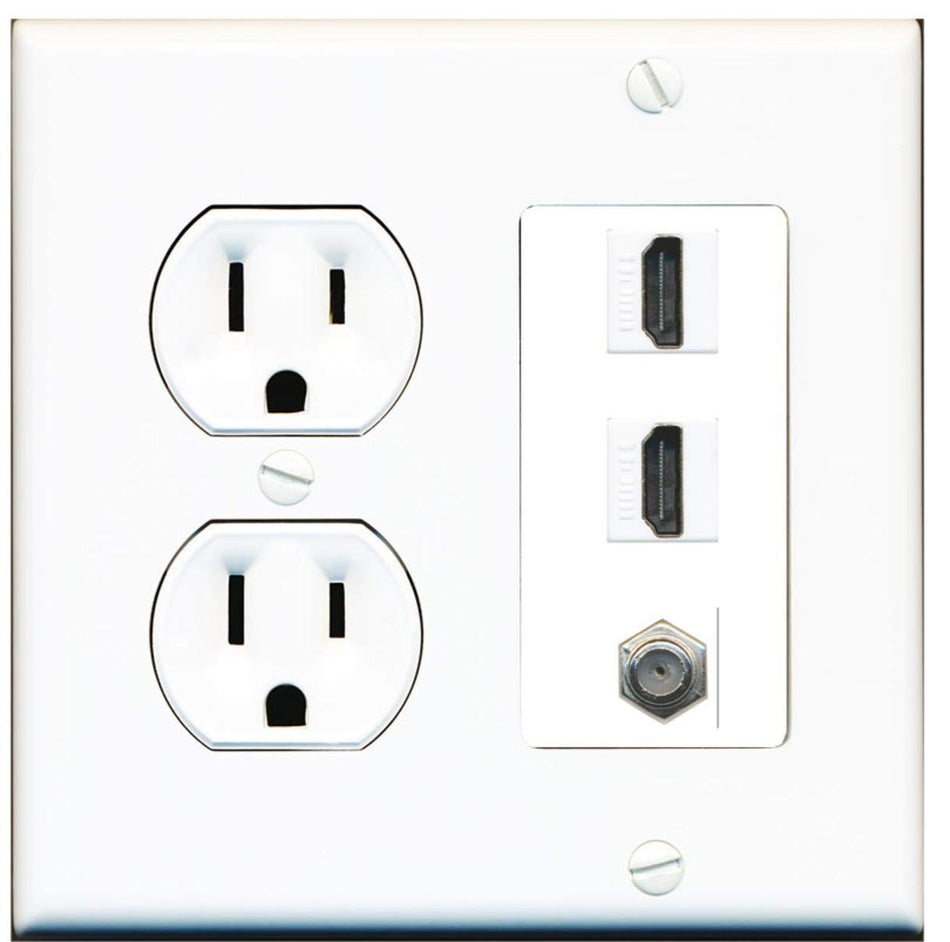15 Amp Round Power Outlet 2 Port HDMI 1 Coax Cable-TV F-Type Wall Plate White