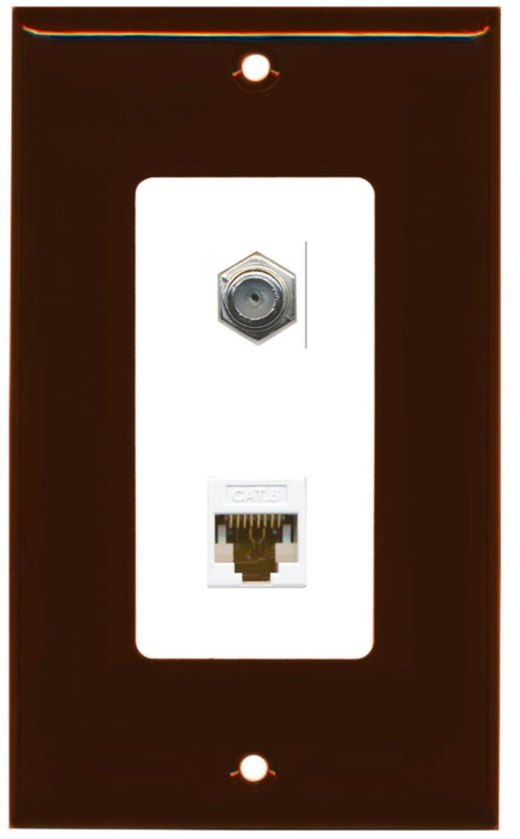 RiteAV - 1 Coax Cable TV F and 1 Cat6 Ethernet Wall Plate Decorative - Brown/White - Bracket Included