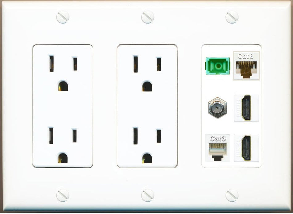 RiteAV 1 Port Fiber Optic Jack SC Simplex APC + Cat6 + Coax + 2 x HDMI + Phone Wall Plate-2 Outlet White