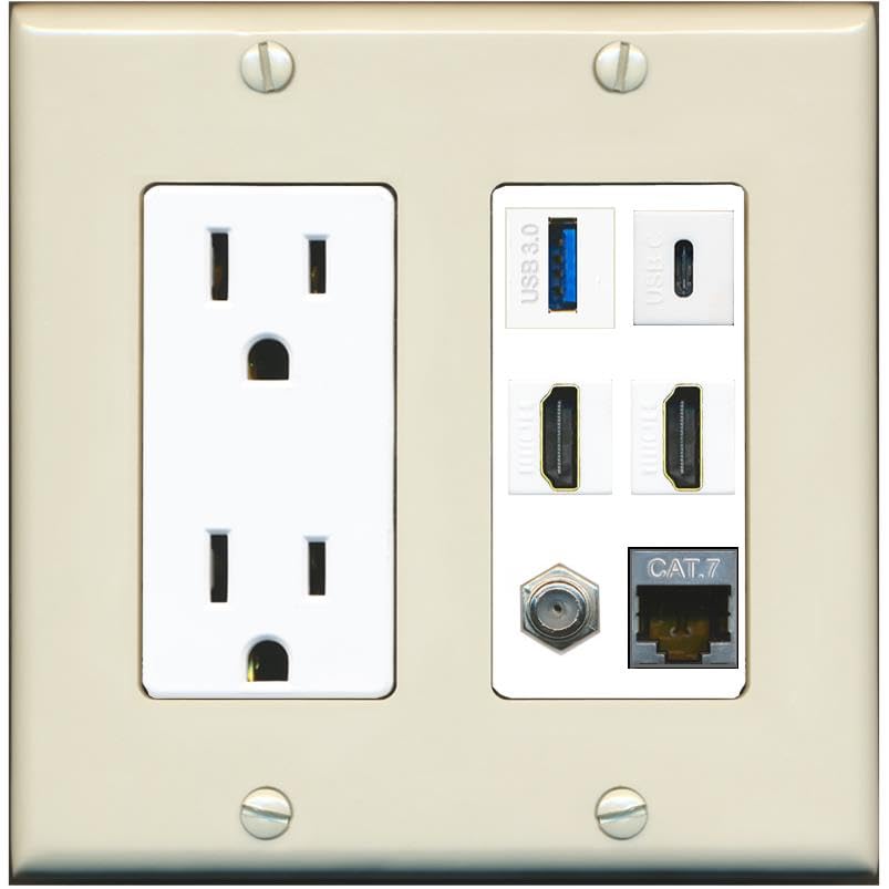 RiteAV USB 3 USB C 2 HDMI Coax Cat7 Wall Plate - Outlet [Light-Almond/White]