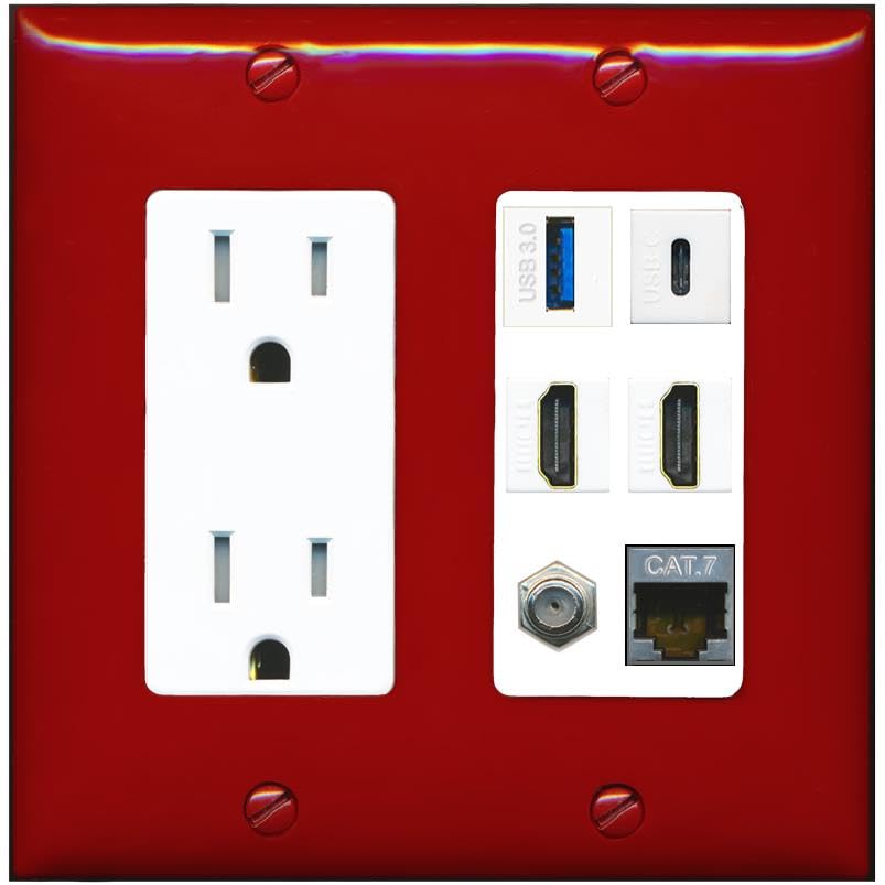 RiteAV USB 3 USB C 2 HDMI Coax Cat7 Wall Plate - Tamper-Resistant [Red/White]