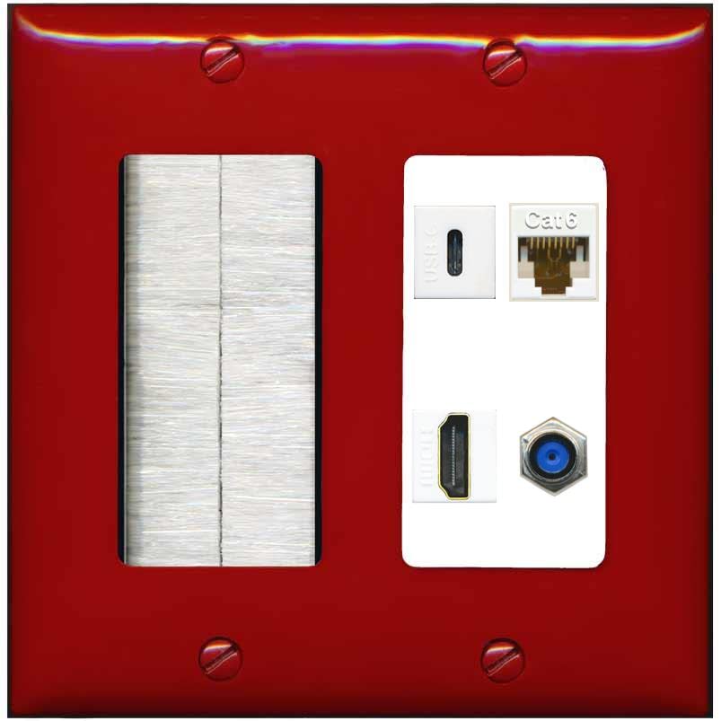 RiteAV USBC HDMI Cat6 Coax F81 Wall Plate - Brush [Red/White]