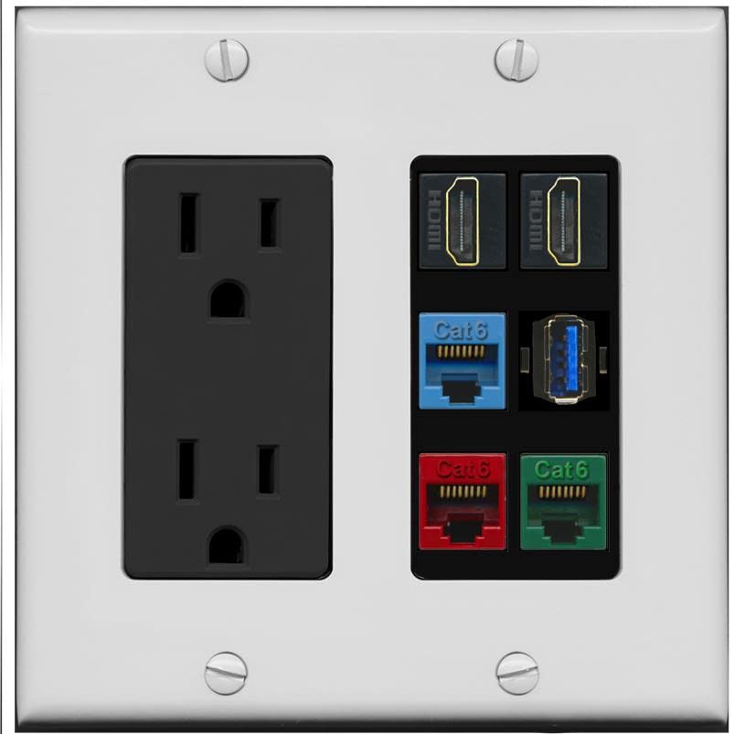 RiteAV 2 HDMI 3 Cat6 Ethernet USB3 Mixed Color Wall Plate - Outlet [Gray/Black]