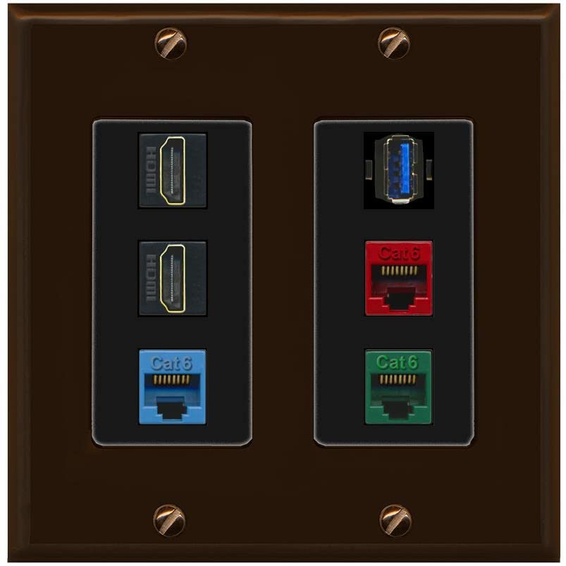 RiteAV 2 HDMI 3 Cat6 Ethernet USB3 Mixed Color Wall Plate - 2 Gang [Brown/Black]