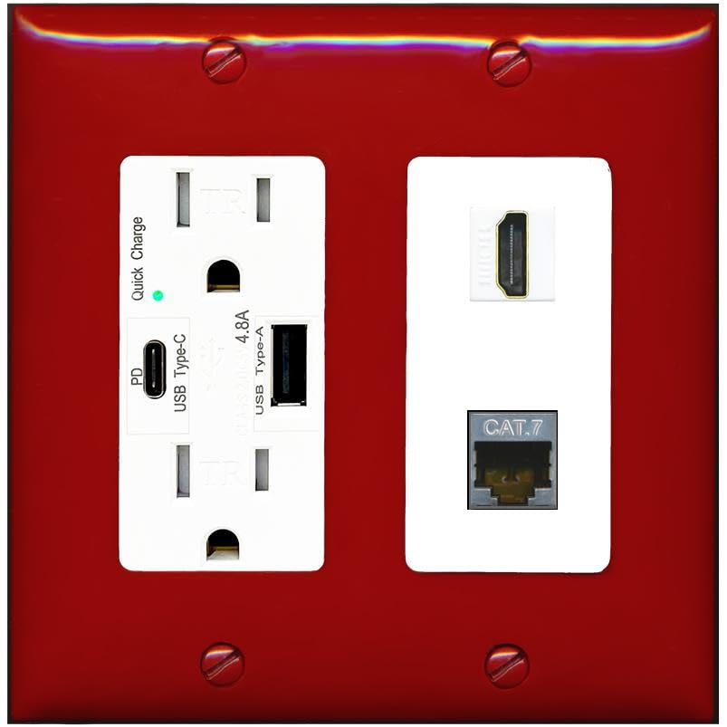 RiteAV HDMI and Cat7 Wall Plate - USB A+C Charger [Red/White]