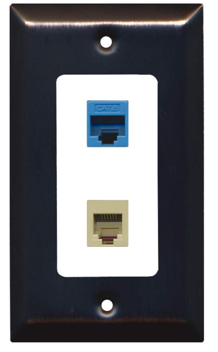 RiteAV - 1 Port Phone Beige 1 Port Cat6 Ethernet Blue Decorative Wall Plate - Bronze/White