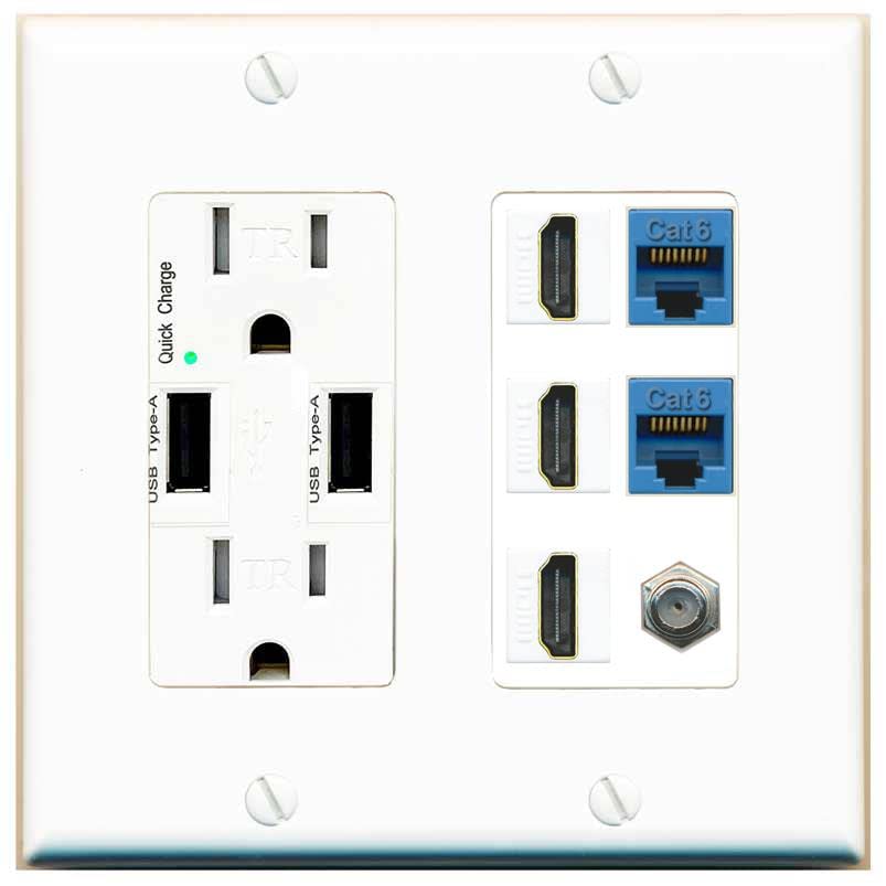 RiteAV 3 HDMI Wall Plate 2 Cat6 1 Coax - USB Charger [White/White]