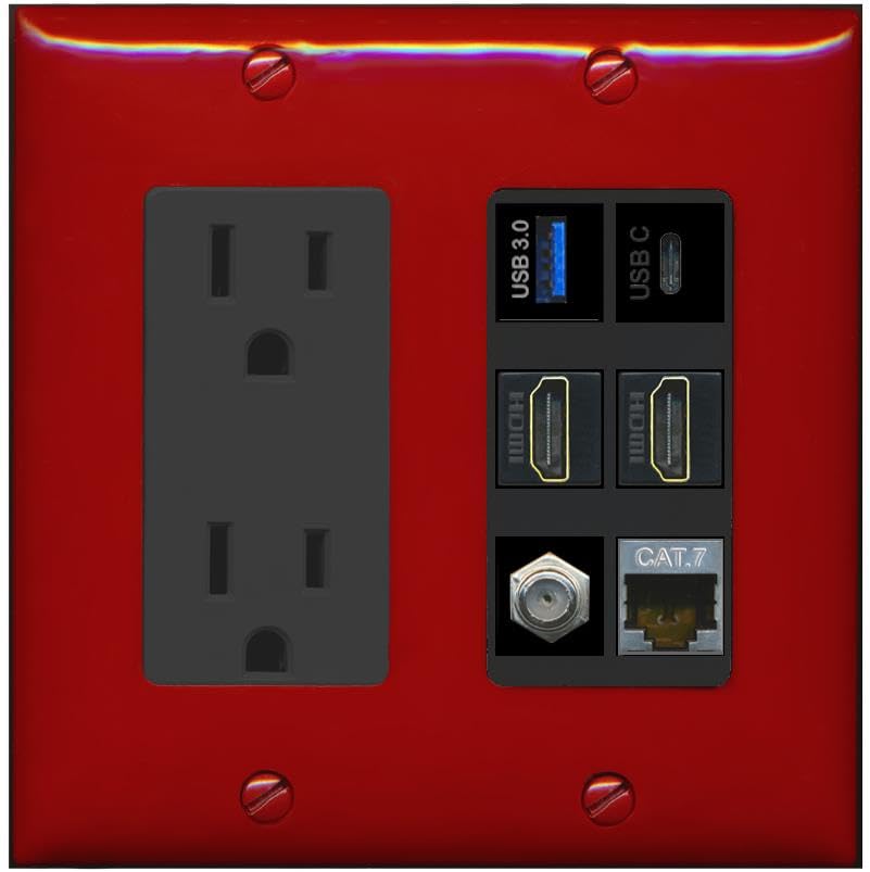 RiteAV USB 3 USB C 2 HDMI Coax Cat7 Wall Plate - Outlet [Red/Black]