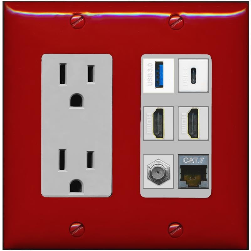 RiteAV USB 3 USB C 2 HDMI Coax Cat7 Wall Plate - Outlet [Red/Gray]