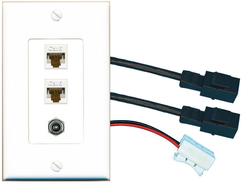 RiteAV 2 CAT6 DC-POWER Wall Plate with Pigtail Dongle Extension White